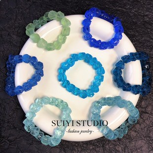 SUIYI 手敲水晶小原石手串男女款小众高级感绿萤石蓝琉璃打孔手链