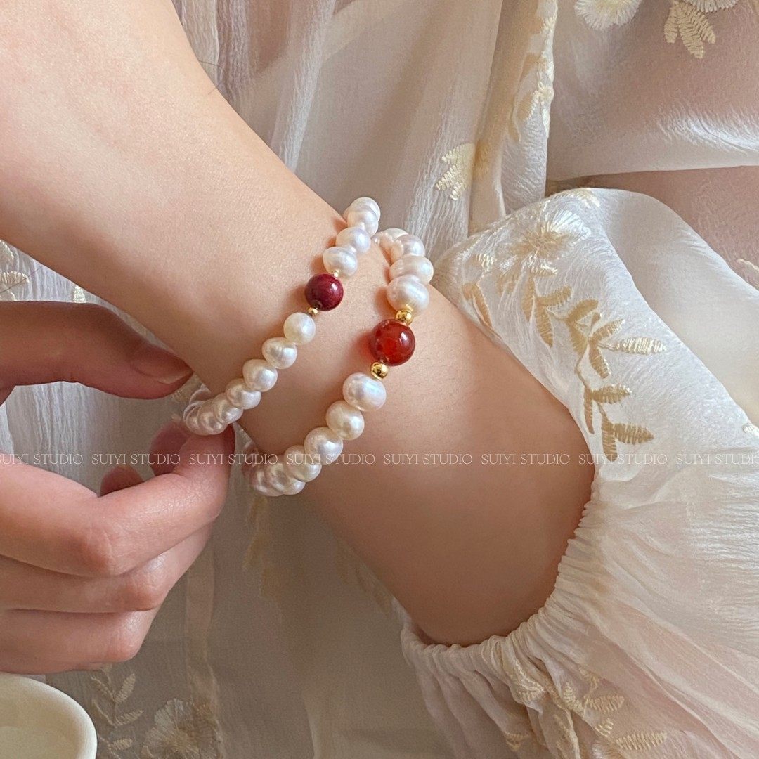 SUIYI 原创设计天然淡水珍珠手链女国风气质百搭紫金砂红玛瑙手串