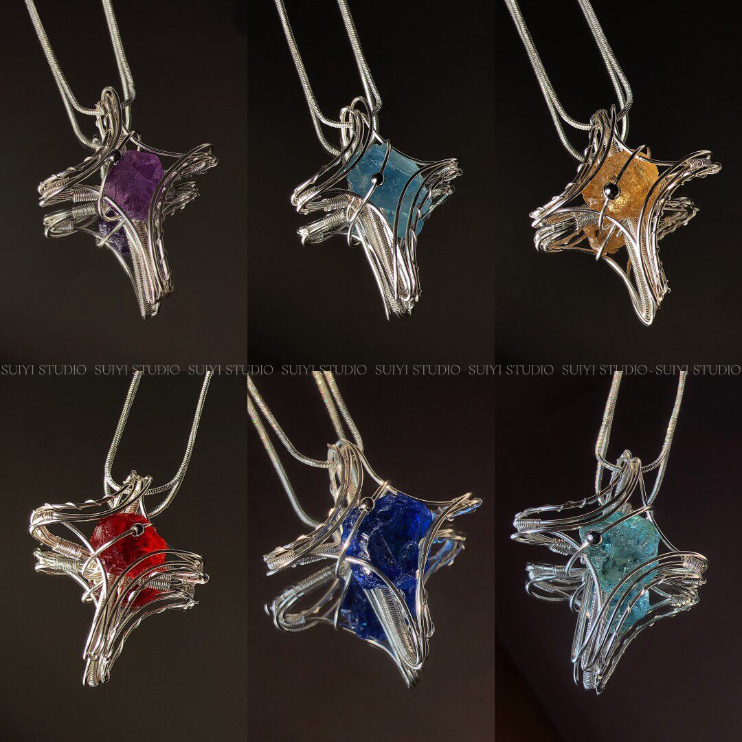 SUIYI 原创设计手工绕线四芒星水晶琉璃原石吊坠小众高级感锁骨链