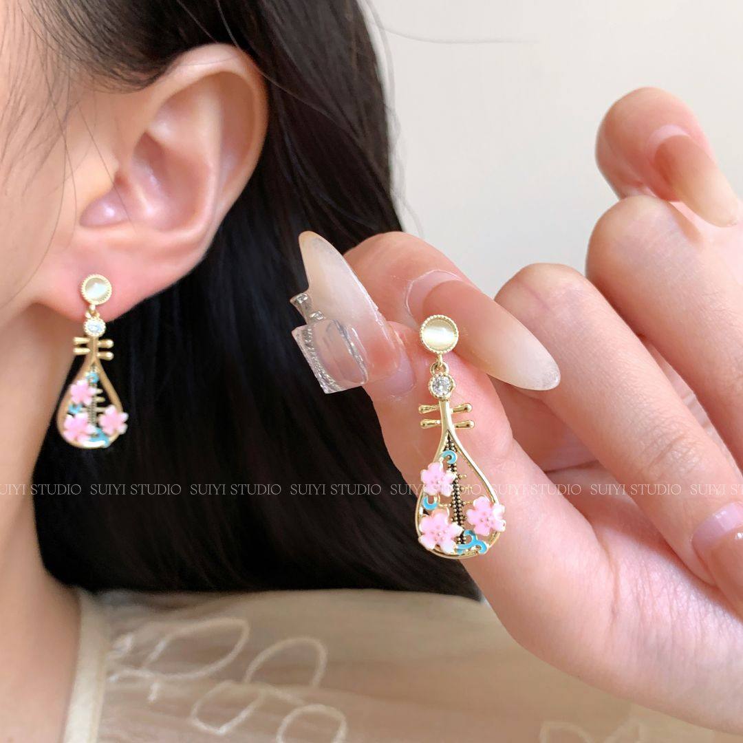 SUIYI 新中式花朵琵琶耳环古风猫眼石气质耳钉汉服旗袍马面裙配饰