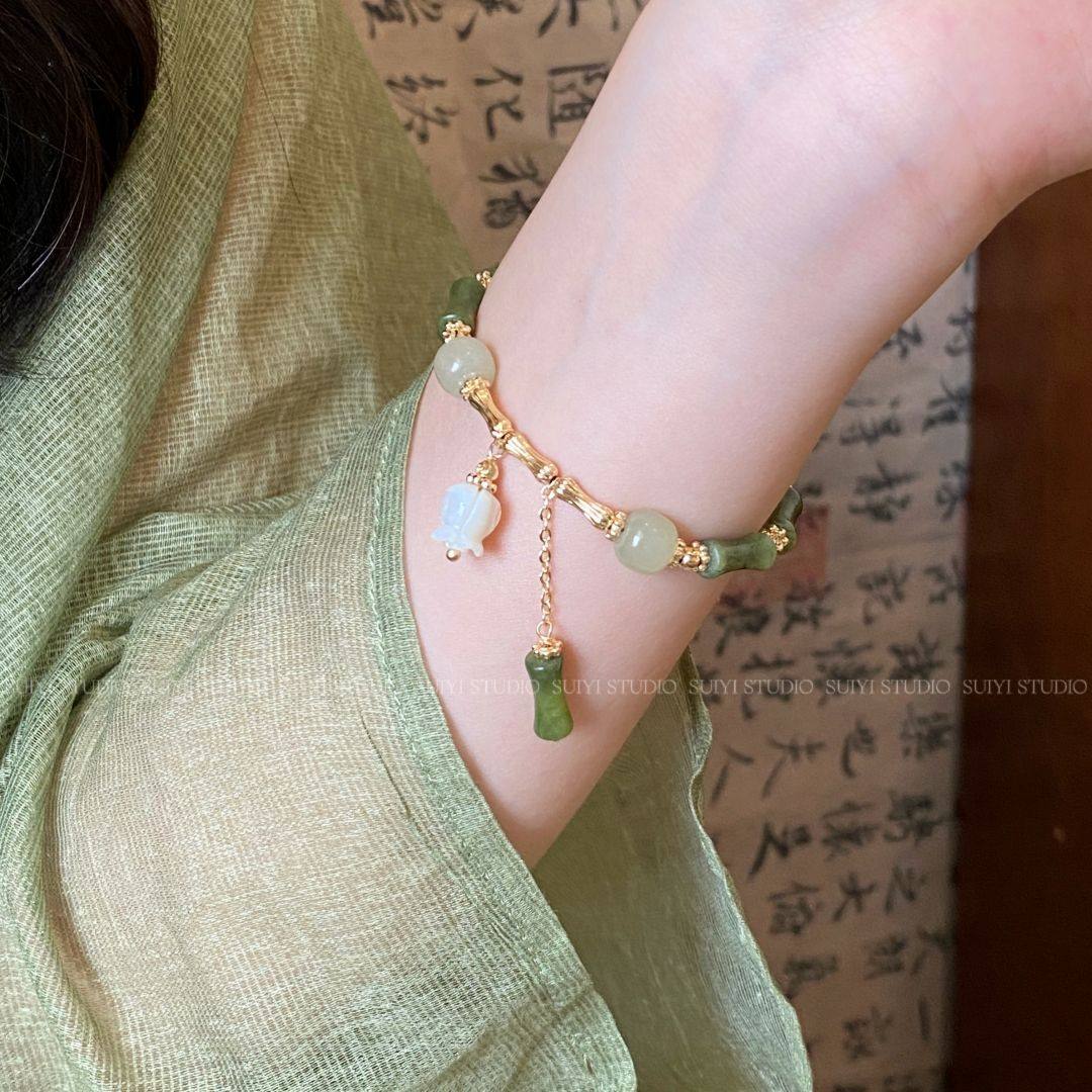 SUIYI 新中式竹节铃兰花手链女天然橄榄石和田玉手镯轻奢高级配饰