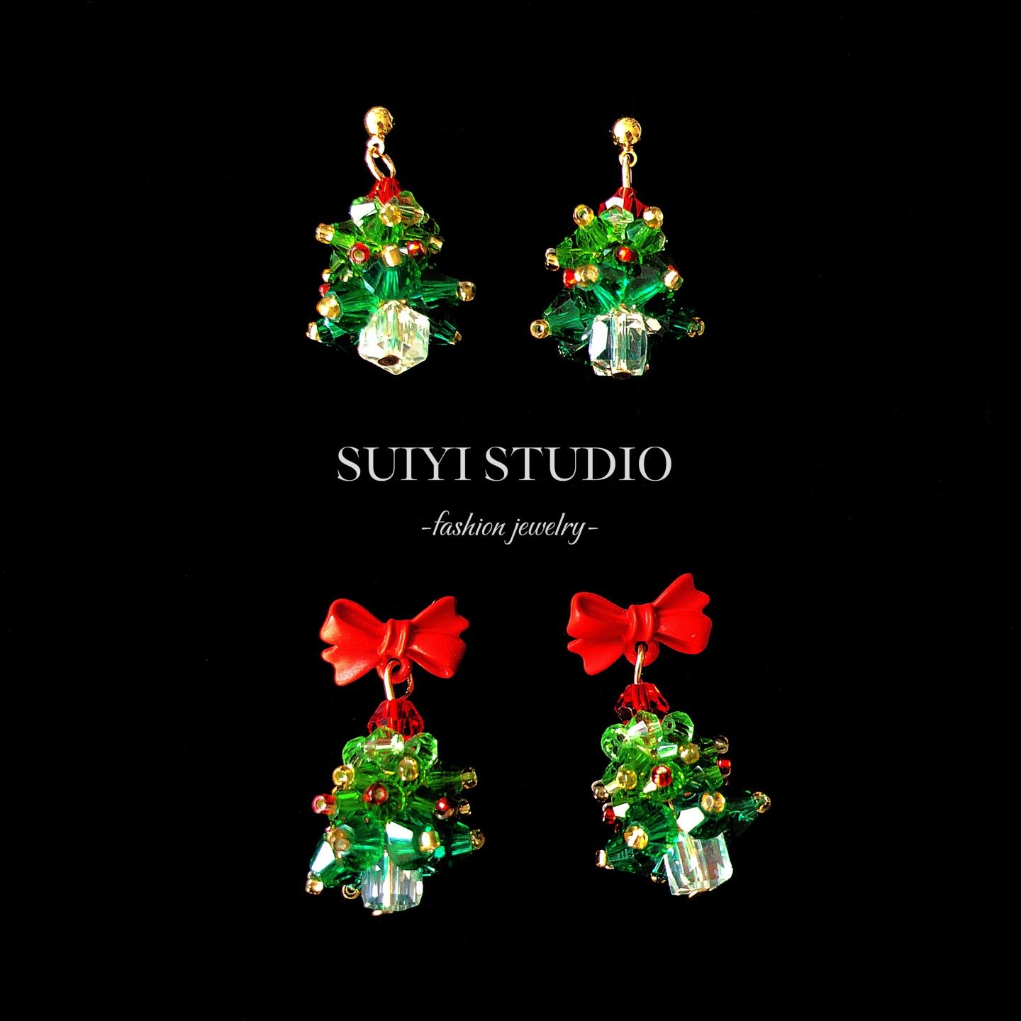 SUIYI 圣诞树蝴蝶结耳环女甜美复古风红绿配色圣诞耳钉送闺蜜礼物