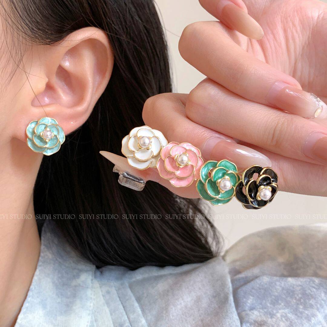 SUIYI 山茶花珍珠耳钉女法式复古风无耳洞蚊香盘耳夹优雅气质耳环