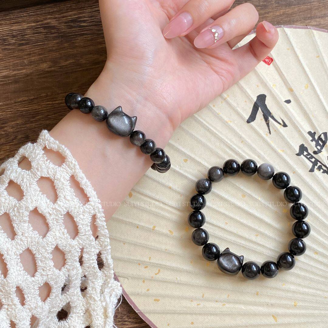 SUIYI 银曜石猫咪猫头手串国风小众高级感黑曜石手链情侣闺蜜配饰