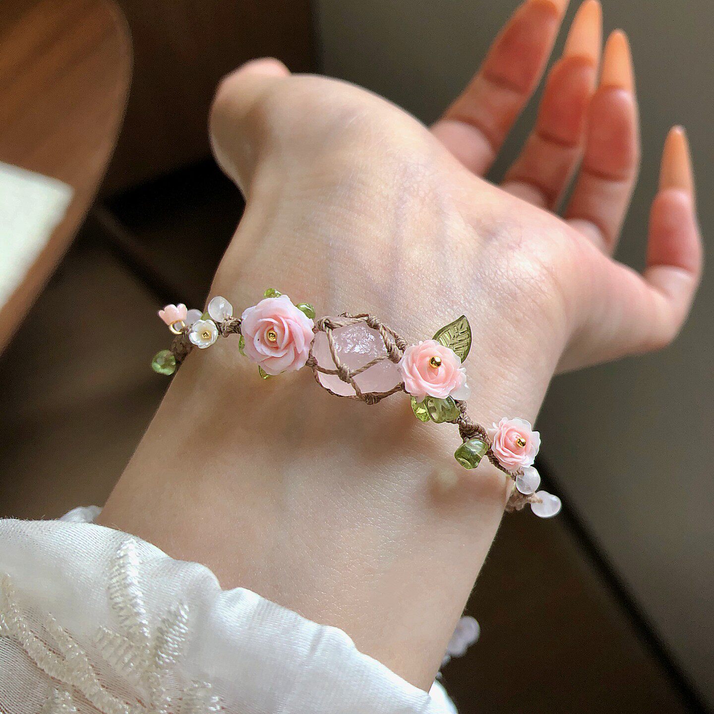 SUIYI 雾野玫瑰 原创设计 粉水晶小原石编织手链女森系粉玫瑰手绳