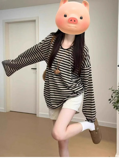 穿搭宽松 夏季 清仓复古风条纹长袖 防晒T恤女百搭慵懒新款