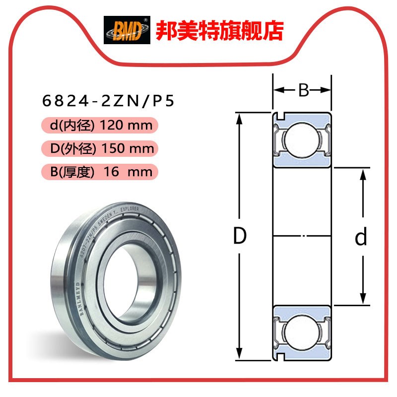 瑞典BMD进口带卡簧槽轴承6820/6821/6822/6824/6826-2ZN/P5