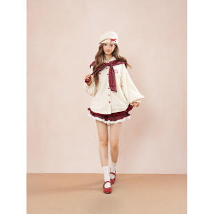 套装 短裤 甜美苹果针织外套 女秋冬小众设计感两件套 红果奶芙