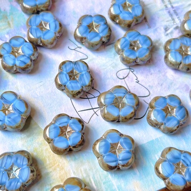 进口捷克珠14mm蓝色复古切面百搭山竹花五瓣花玻璃珠手作材料