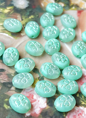 进口捷克珠10x8mm复古绿色三叶草幸运椭圆珠Diy手作串珠饰品材料