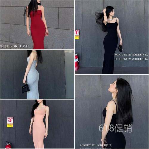 卡戴珊同样的夏天束腰性感辣妹苗条Look紧身黑色吊带裙女士长裙