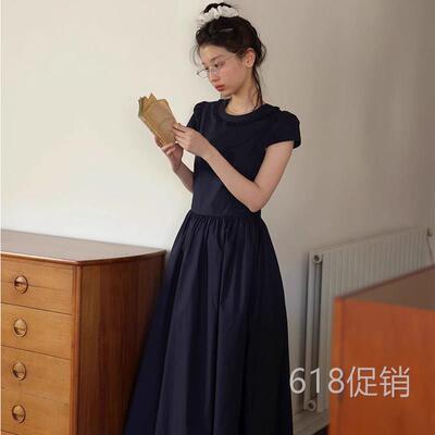 藏青色短袖圆领木耳花边收腰复古少女感A字洋装女2026夏季