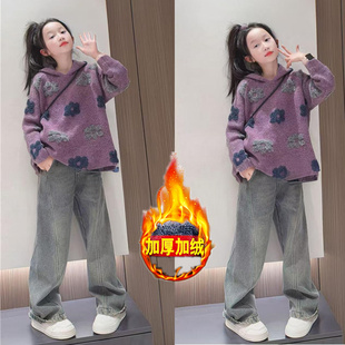 儿童裤 女童牛仔裤 冬款 休闲网红炸街阔腿裤 子 秋冬加绒加厚大童冬季
