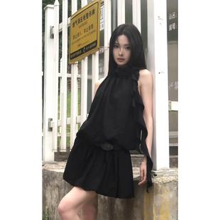 黑色飘带挂脖露肩连衣裙女夏季 法式 辣妹收腰显瘦海边度假短裙裙子