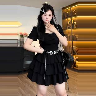 大码 微胖mm显瘦收腰甜辣妹赫本风气质小黑裙 法式 方领连衣裙女夏季