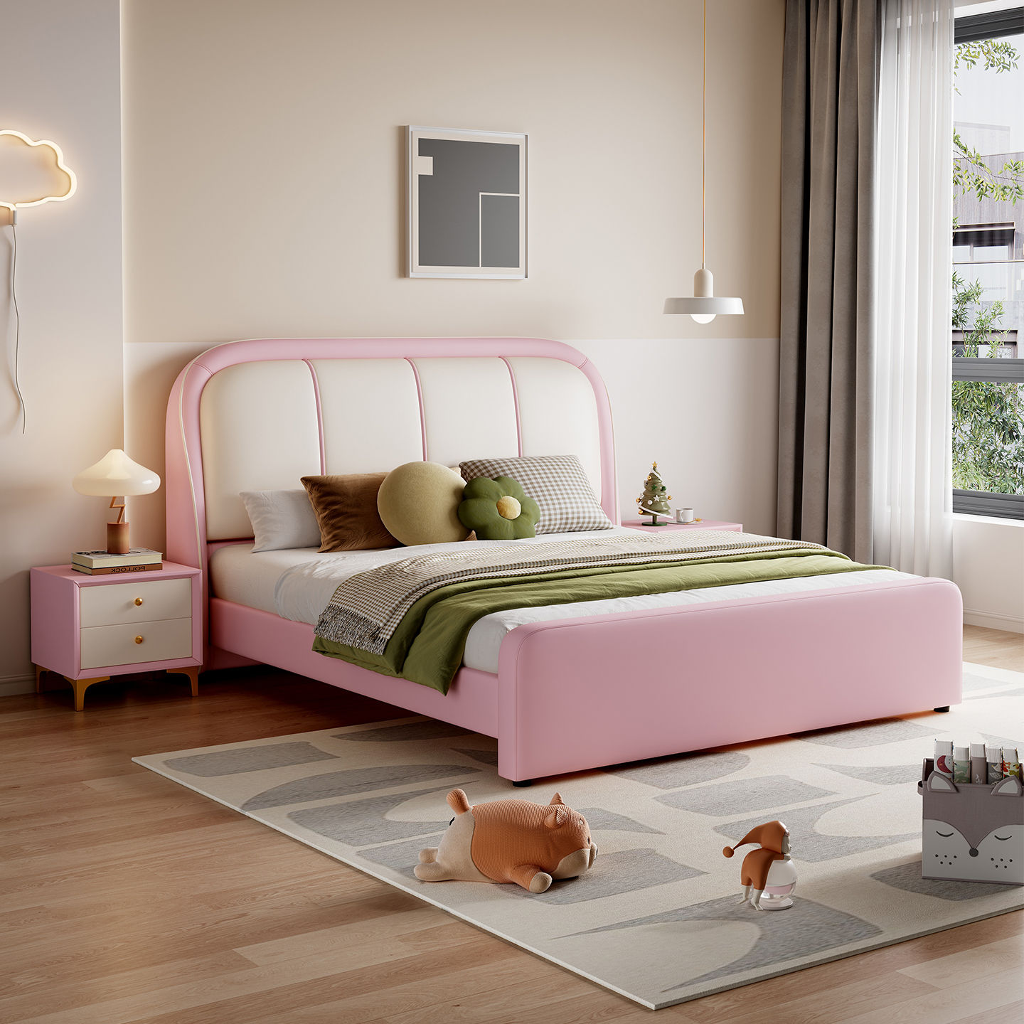 奶油风儿童真皮床女孩卧室公主床硅胶皮单双人青少年1米2男孩床