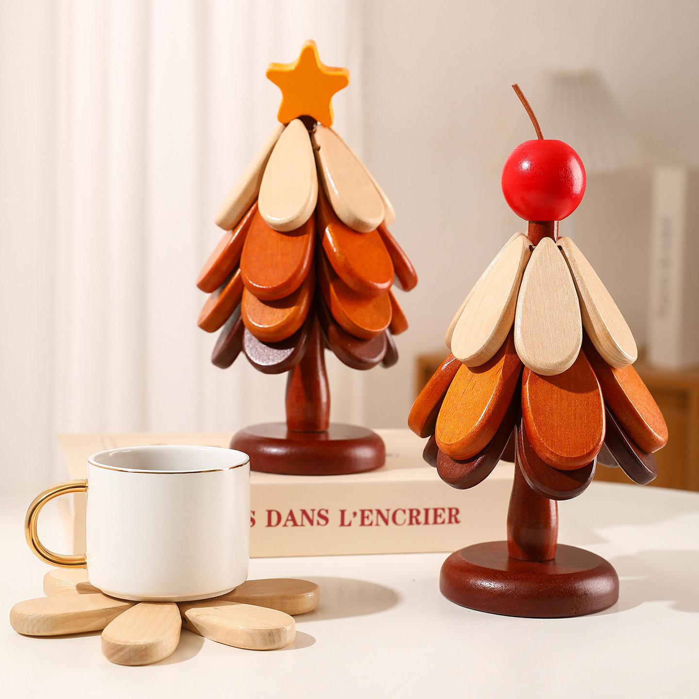 圣诞树隔热垫餐桌摆件高级感创意一棵树实木防烫锅垫折叠杯垫碗垫,家居饰品,桌面摆件,淘宝优惠券,粉丝福利购,淘宝优惠卷