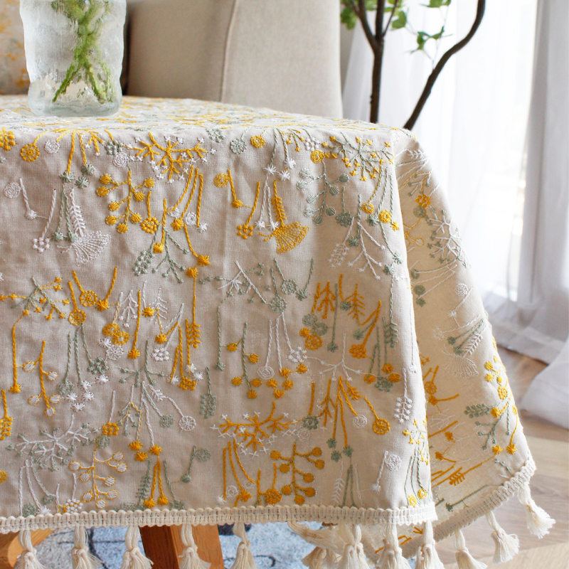 栗茧日式苎麻刺绣绣花桌布盖布