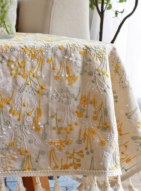 刺绣小清新米色桌布苎麻日式茶几布轻奢绣花长方形盖布书桌台布艺