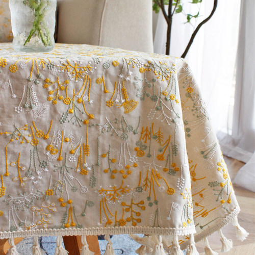 栗茧日式苎麻刺绣绣花桌布盖布