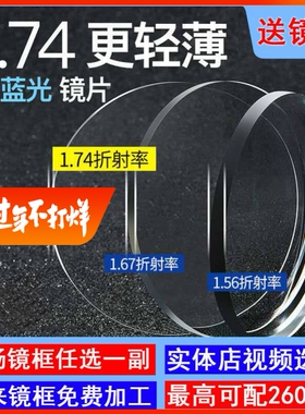 1.74超薄眼镜片防蓝光非球面可配0-1500高度近视散光眼镜变色防雾