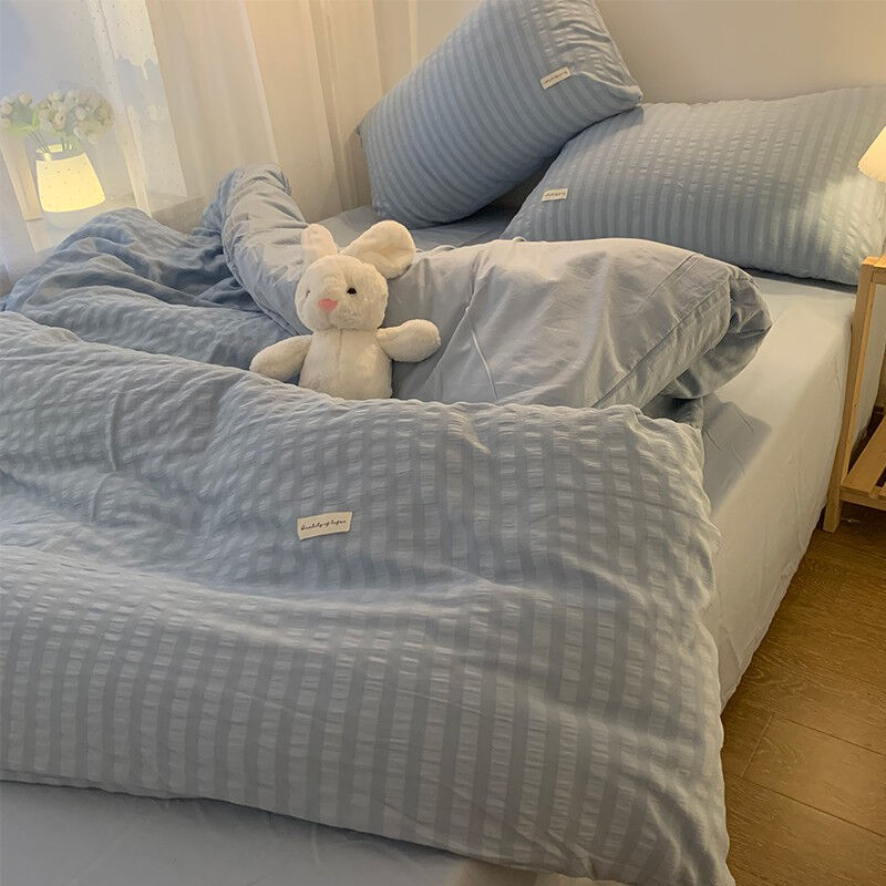 四件套水洗棉泡泡纱ins浅蓝色简约被套少女心纯色床单学生宿舍床