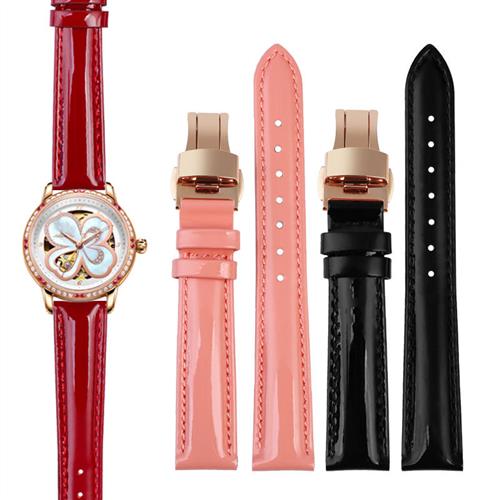 适配飞亚达真皮i手表带女四叶草花语经典红色亮光漆皮带141618mm