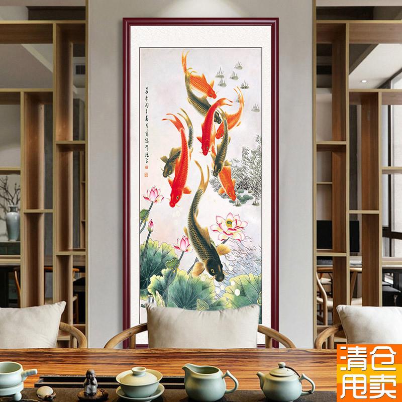 九鱼聚财图竖版玄关装饰画鱼图挂C画入户荷花壁画客厅进门餐厅国图片