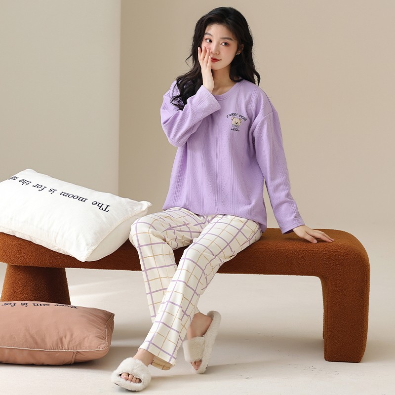芬腾休春秋季长袖长裤宽松纯棉圆领套头带胸垫休闲家居服睡衣套装
