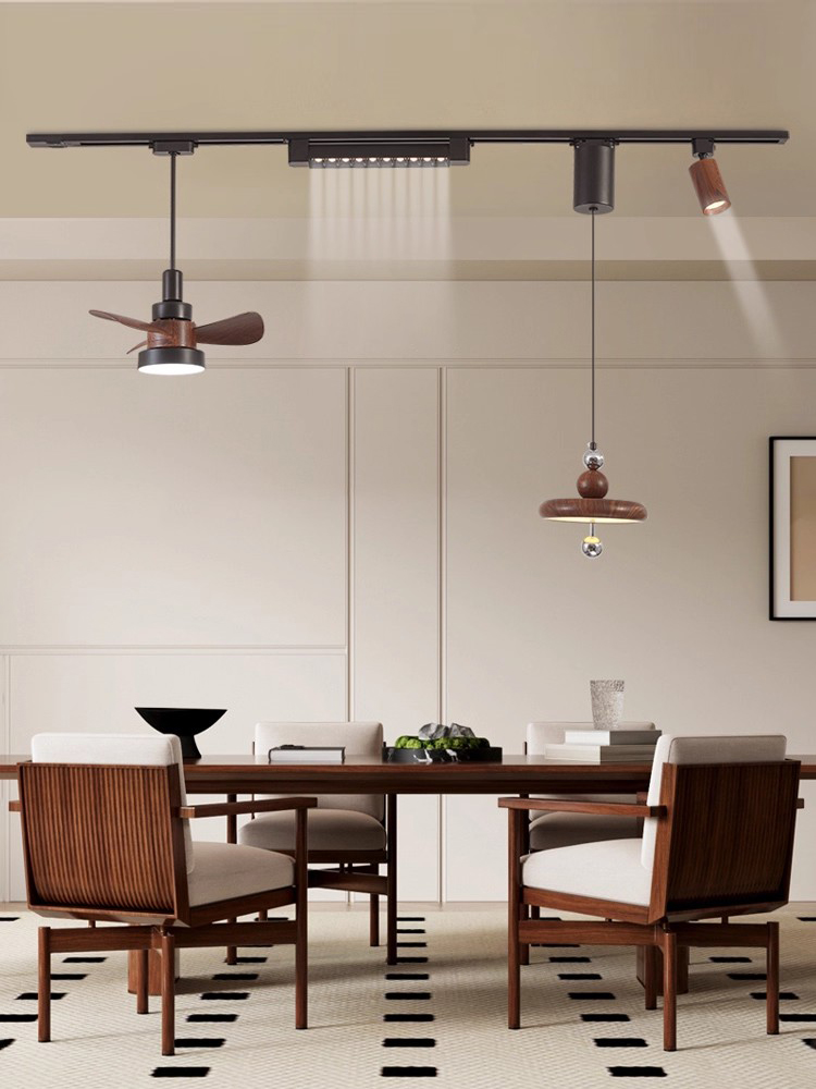 中古风餐厅灯轨道吊灯覆古风扇灯吧台射灯法式简约胡桃木色餐桌灯