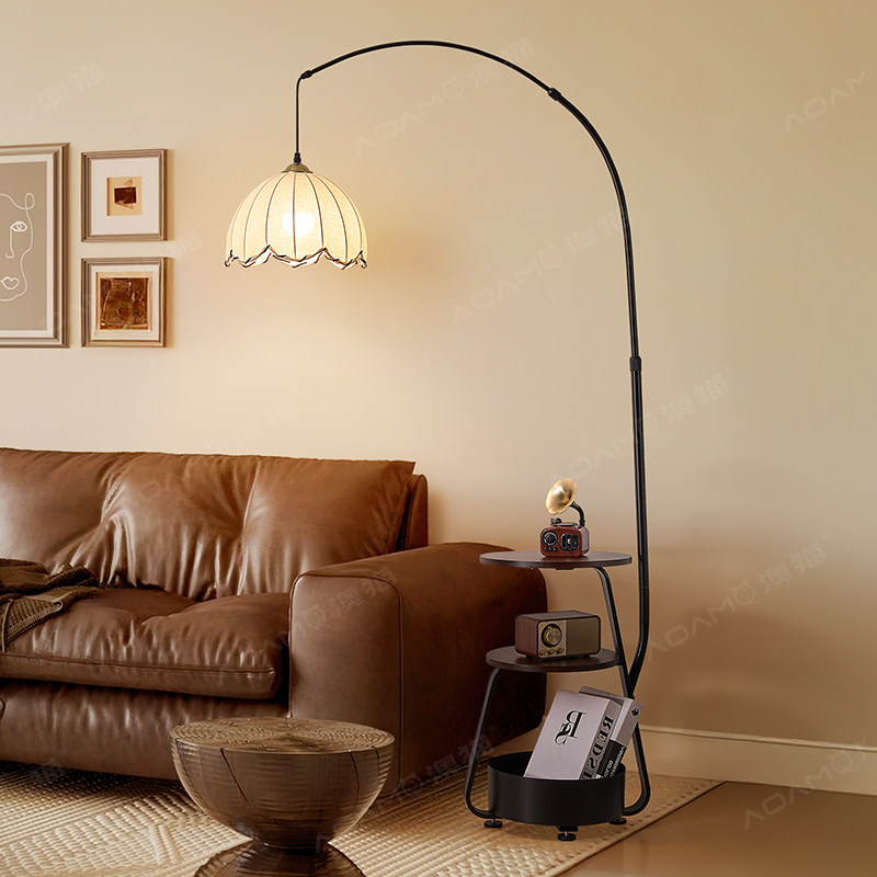 中古覆古落地灯客厅沙发旁边几装饰灯书房卧室置物架一体落地台灯