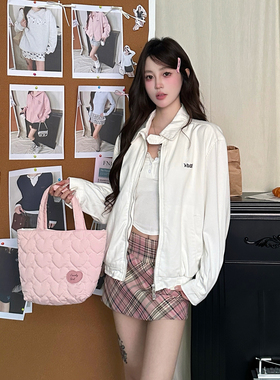 KTDA新品美式复古百搭夹克外套女春秋季2024休闲宽松蓝色上衣