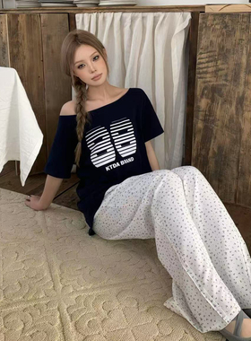 KTDA夏季基础印花短袖t恤女原创印花斜肩小众不撞款美式百搭上衣