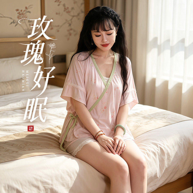 听月小筑【玫瑰好眠】原创女夏季汉元素带胸垫吊带睡衣睡裤家居服
