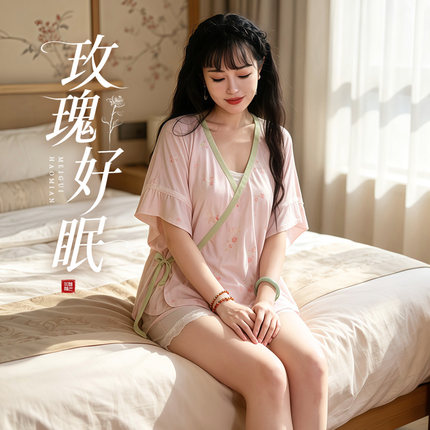 听月小筑【玫瑰好眠】原创女夏季汉元素带胸垫吊带睡衣睡裤家居服