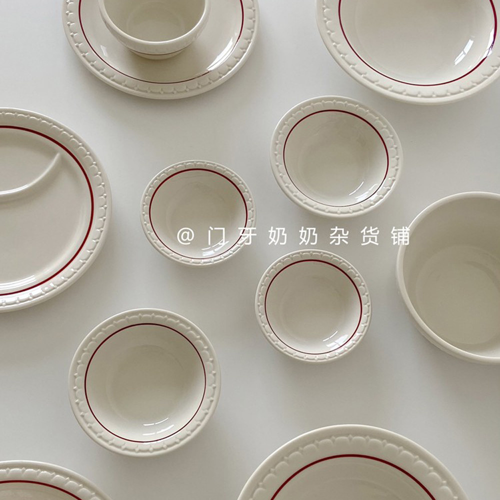 红色线条浮雕餐盘米饭碗早餐酸奶甜品碗早餐盘菜盘汤盘圣诞新年