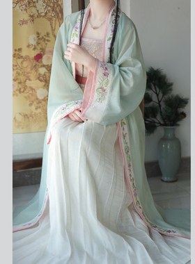 茗月萱[浮蝶]宋制汉服天丝绣花长褙子对襟长衫百迭裙吊带日常套装