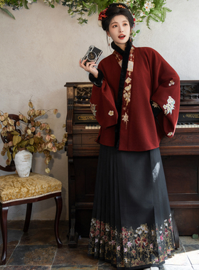 茗月萱[花束玫瑰]明制汉服加绒对穿交冬款直领短袄日常马面裙套装