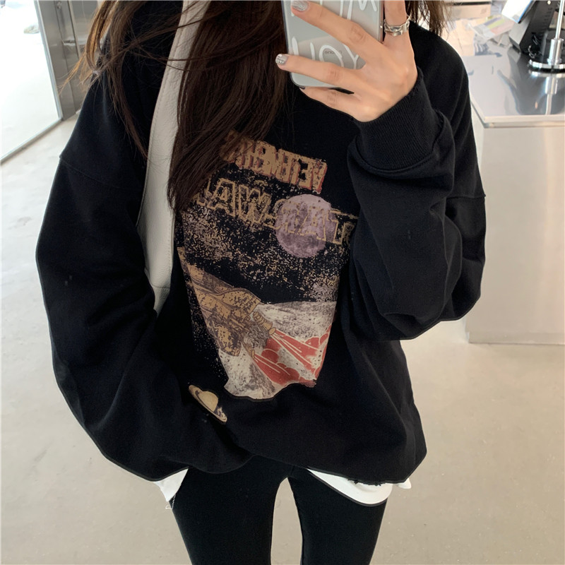 Real shot real price autumn ins lazy sweater women's loose rocket print