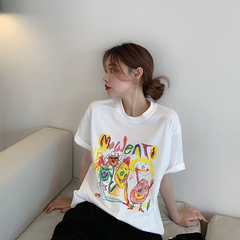 新款實拍實價春夏新款抽象塗鴉印花上衣顯瘦百搭寬鬆短袖