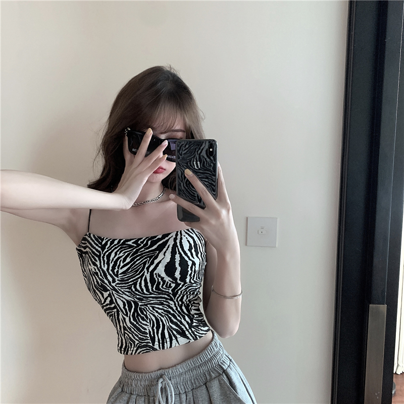 Real price zebra pattern temperament slim strap open navel short sexy off shoulder vest