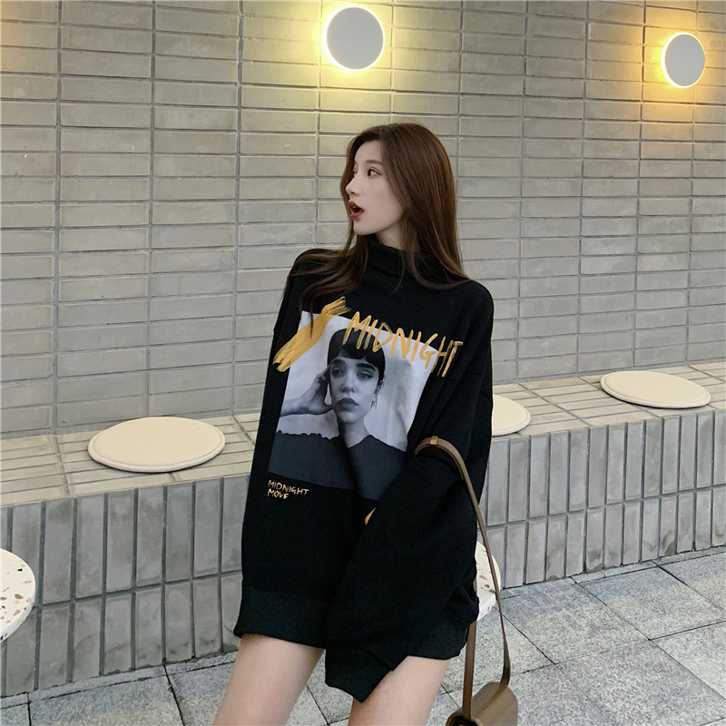 Real shot real price ~ autumn and winter retro high collar mid length paster portrait Plush Pullover long sleeve loose sweater
