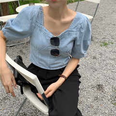 實拍實價設計感後背褶皺復古方領牛仔衫短款露臍百搭襯衣潮