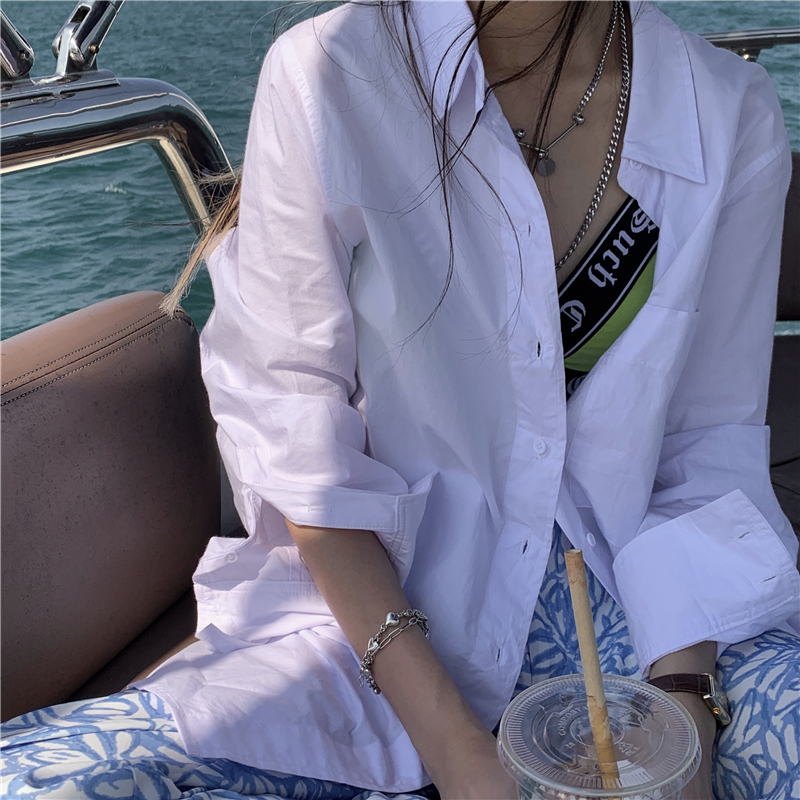 實拍實價韓版氣質長袖襯衫女寬鬆翻領休閒白色襯衣潮
