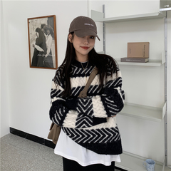 Real price autumn winter chic retro sweater women's loose and lazy style individual color contrast stripe long sleeve