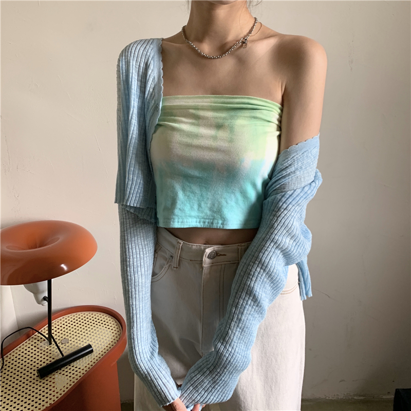 實拍實價 早秋修身藍色針織小衫女百搭短款扎染抹胸套裝