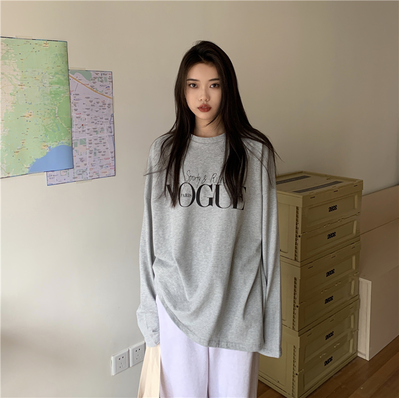 Real shot real price Korean chic loose casual bottom shirt women's slim simple letter Long Sleeve T