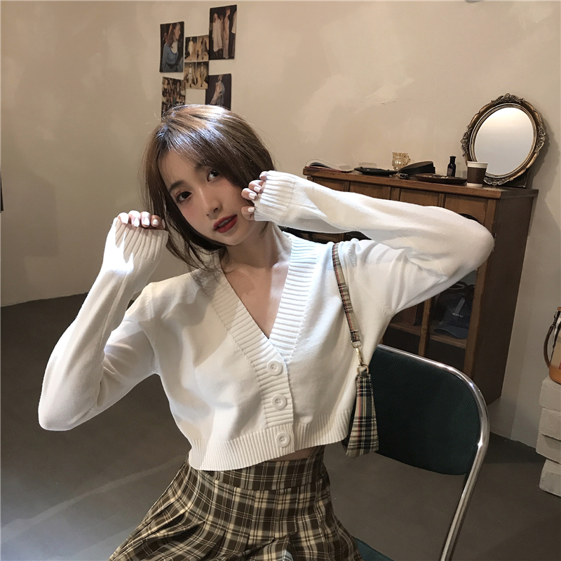 Real shot real price 2020 autumn foreign style V-neck short knitted jacket versatile open navel long sleeve cardigan