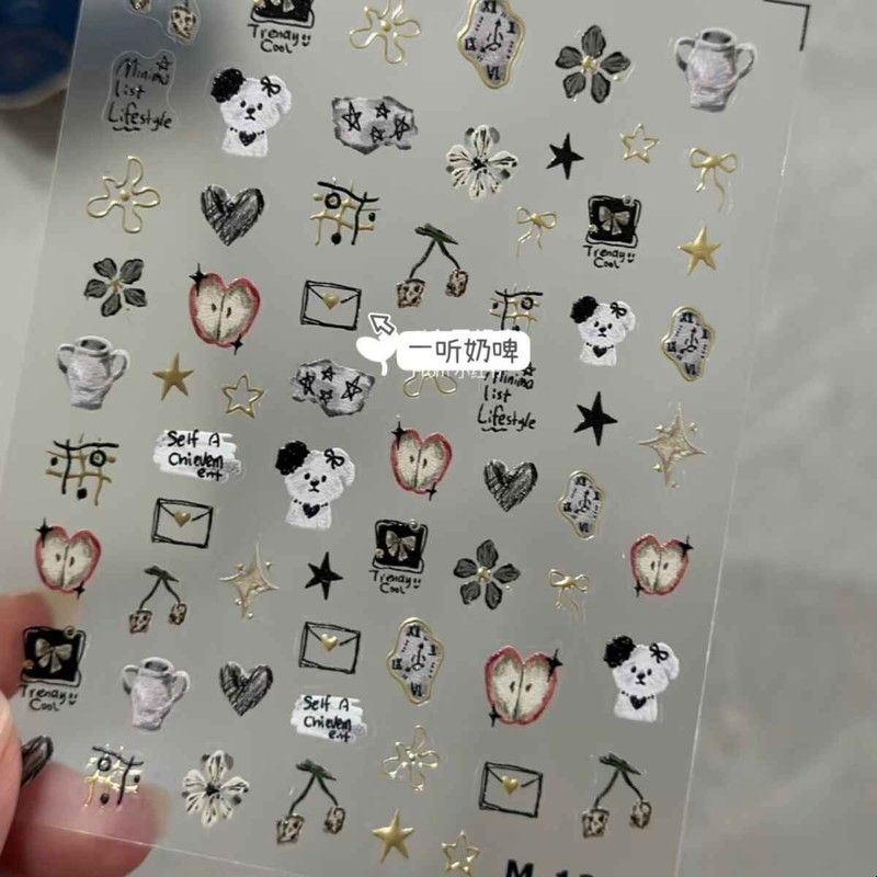烫金涂鸦线条小狗美甲贴纸立体苹果小猫时钟卡通diy指甲装饰氛围