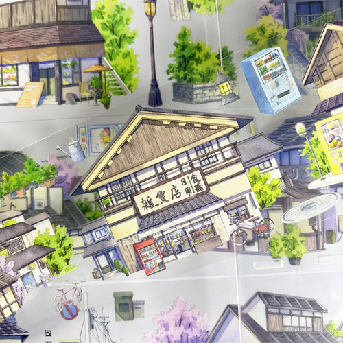 手帐分装胶带日式街店景物志房屋小店邮箱路灯樱花PET素材账贴纸